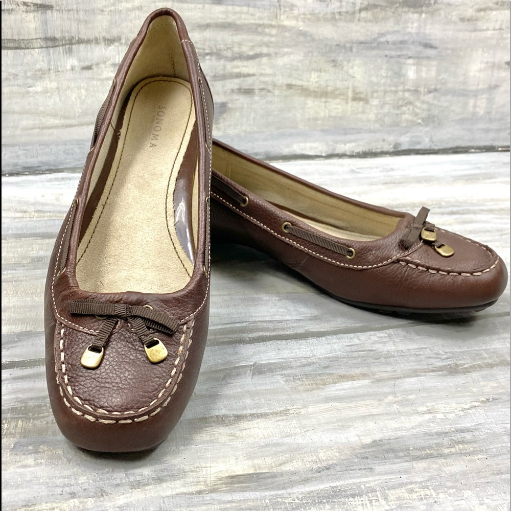 Sonoma Arabesque Brown Leather Flats Bow Detail Casual Slip On Loafer Flats 9.5M